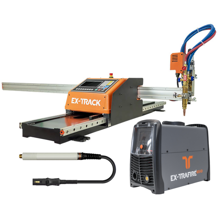 EX-TRACK laser welding system kit including a large orange and black laser welding table with a robotic arm, a gray T-EXTRA FIRE Pro welding machine, a torch, and hoses on a white background.