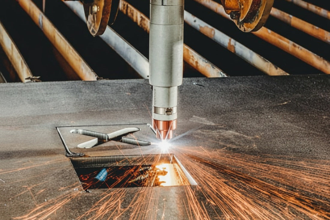 an air plasma mechanized torch in action cutting steel plate
