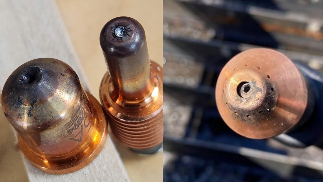 a worn out copper electrode and nozzle from a plasma cutter