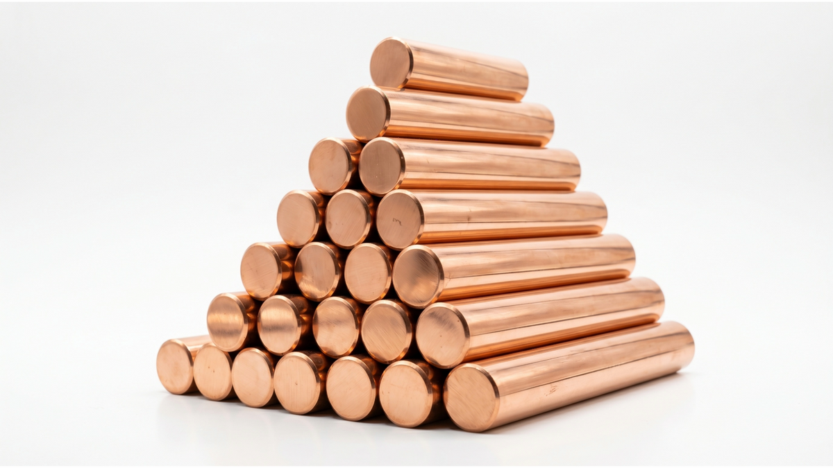 a stack of copper rods on white background