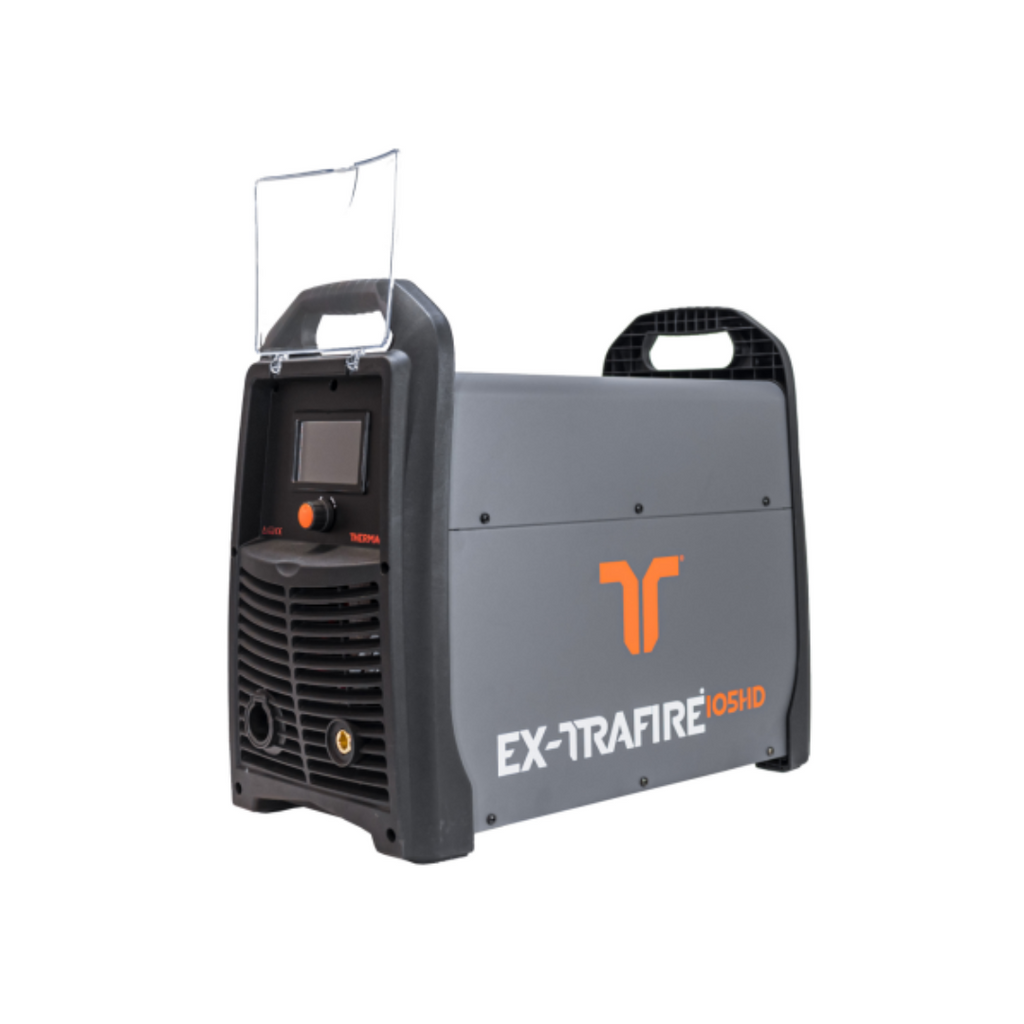 grey with orange font thermacut Ex-Trafire 155 HD plasma cutter power supply on white background