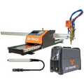 EX-TRACK laser welding system kit including a large orange and black laser welding table with a robotic arm, a gray T-EXTRA FIRE Pro welding machine, a torch, and hoses on a white background.