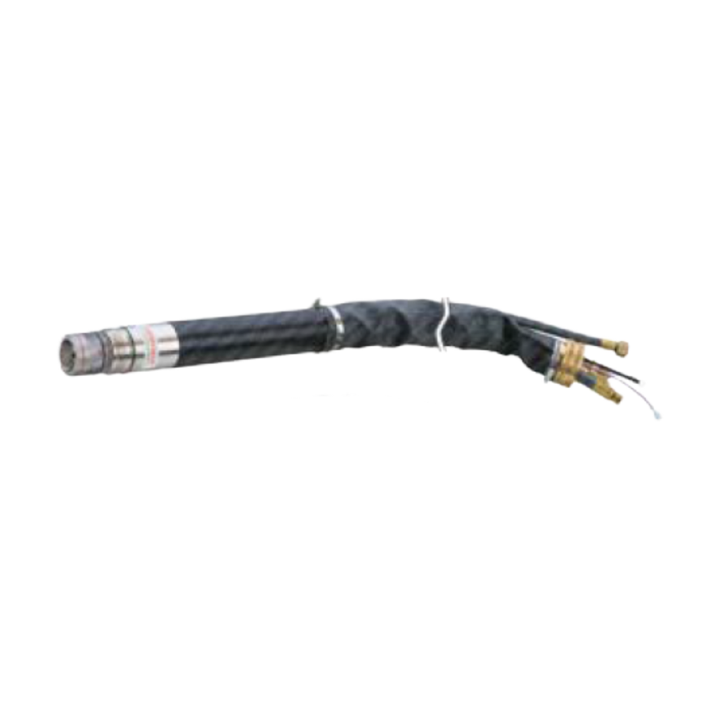 A black insulated electrical cable with a metal connector on one end and two brass-colored terminal connectors on the other, secured with white tape.