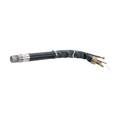 A black insulated electrical cable with a metal connector on one end and two brass-colored terminal connectors on the other, secured with white tape.