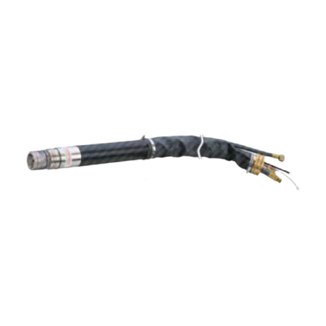 A black insulated electrical cable with a metal connector on one end and two brass-colored terminal connectors on the other, secured with white tape.