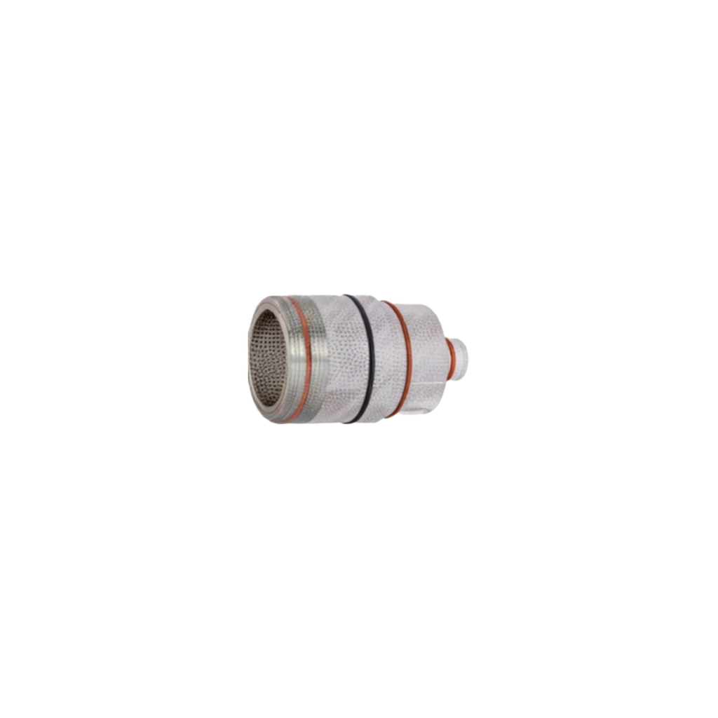A stainless steel hose connector fitting with a mesh filter screen on one end and red rubber O-rings, shown on a plain white background.