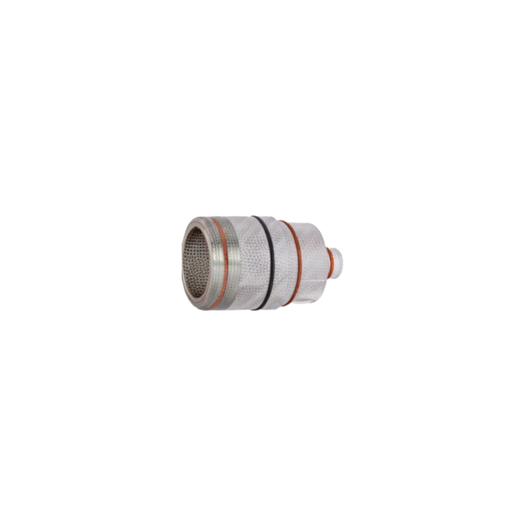A stainless steel hose connector fitting with a mesh filter screen on one end and red rubber O-rings, shown on a plain white background.