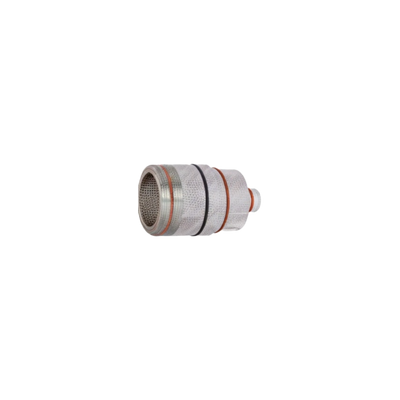 A stainless steel hose connector fitting with a mesh filter screen on one end and red rubber O-rings, shown on a plain white background.