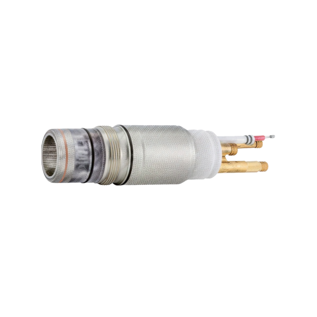 A stainless steel and brass plumbing fitting with a mesh screen, white plastic collar, and exposed copper and brass tubes on a white background.