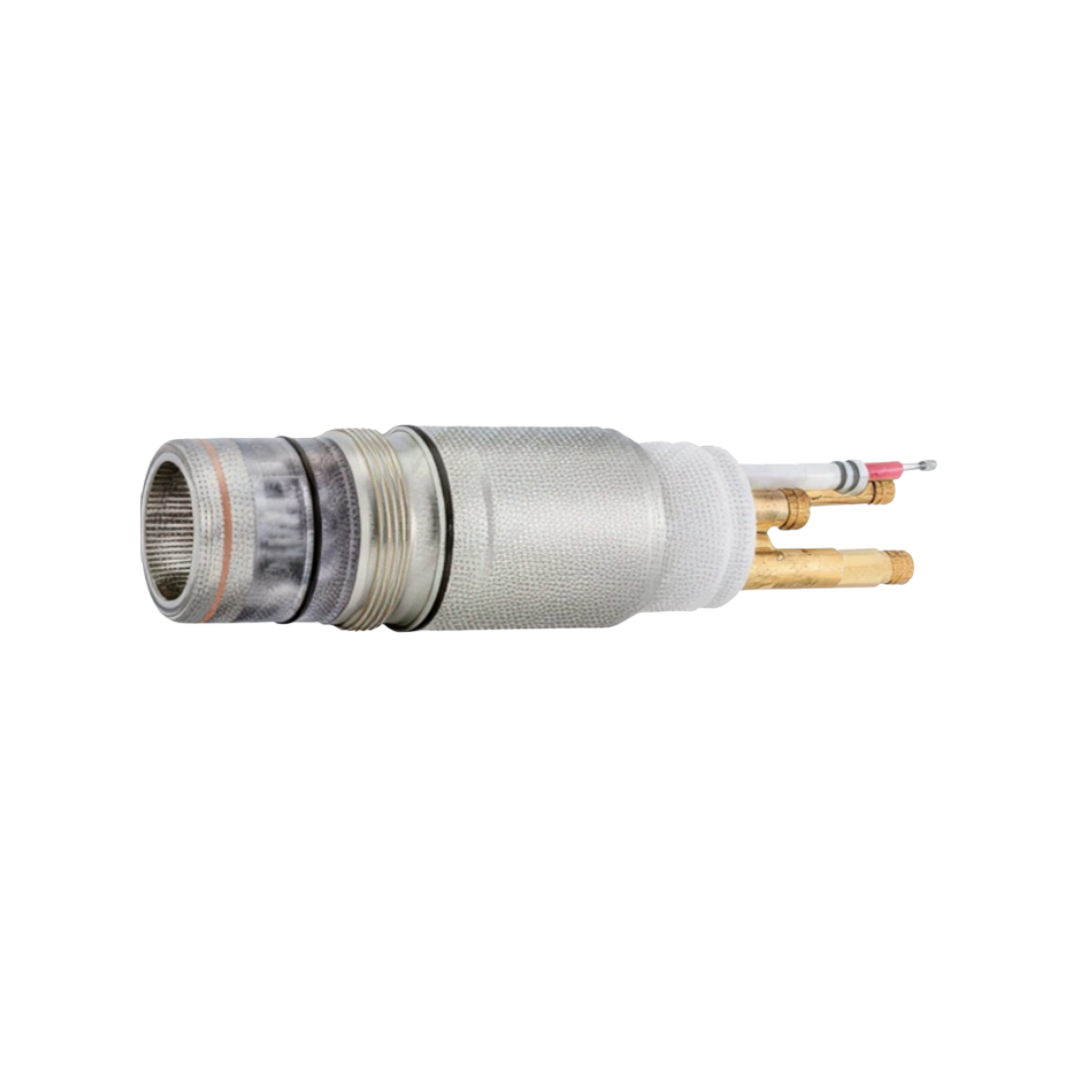 A stainless steel and brass plumbing fitting with a mesh screen, white plastic collar, and exposed copper and brass tubes on a white background.
