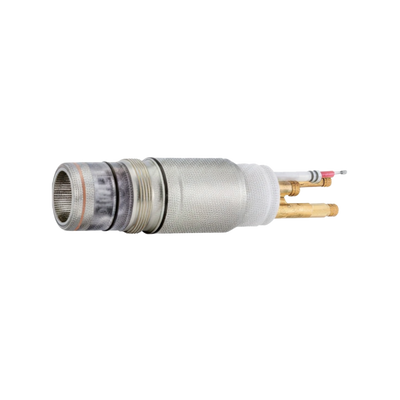 A stainless steel and brass plumbing fitting with a mesh screen, white plastic collar, and exposed copper and brass tubes on a white background.