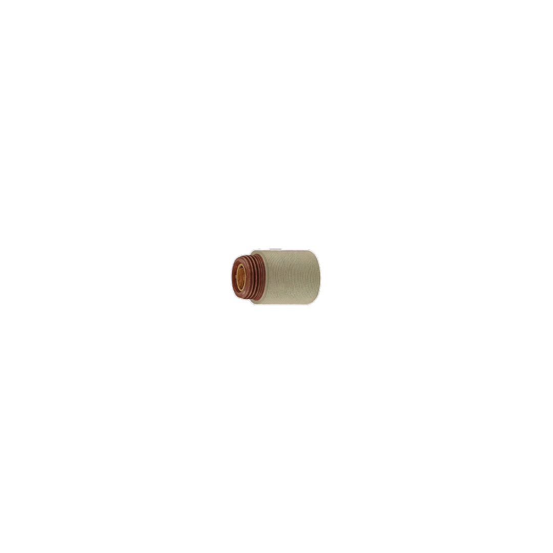 A small cylindrical metal component with a textured beige body and a dark brown threaded end, shown against a solid white background.