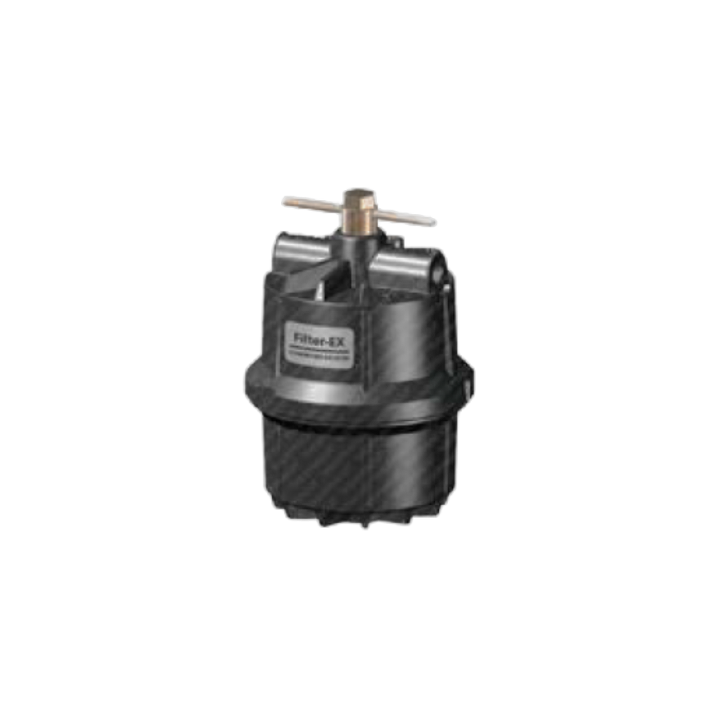 black housing air filter with silver screw top on black back ground