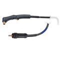 A black carbon-fiber-textured handheld plasma cutting torch with a copper-colored nozzle, shown with its attached black and blue cable on a plain white background.