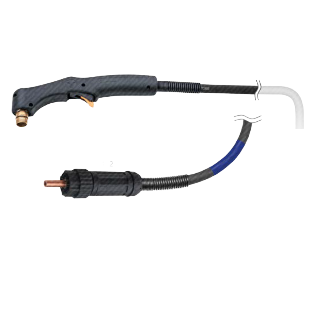 A black carbon-fiber-textured handheld plasma cutting torch with a copper-colored nozzle, shown with its attached black and blue cable on a plain white background.