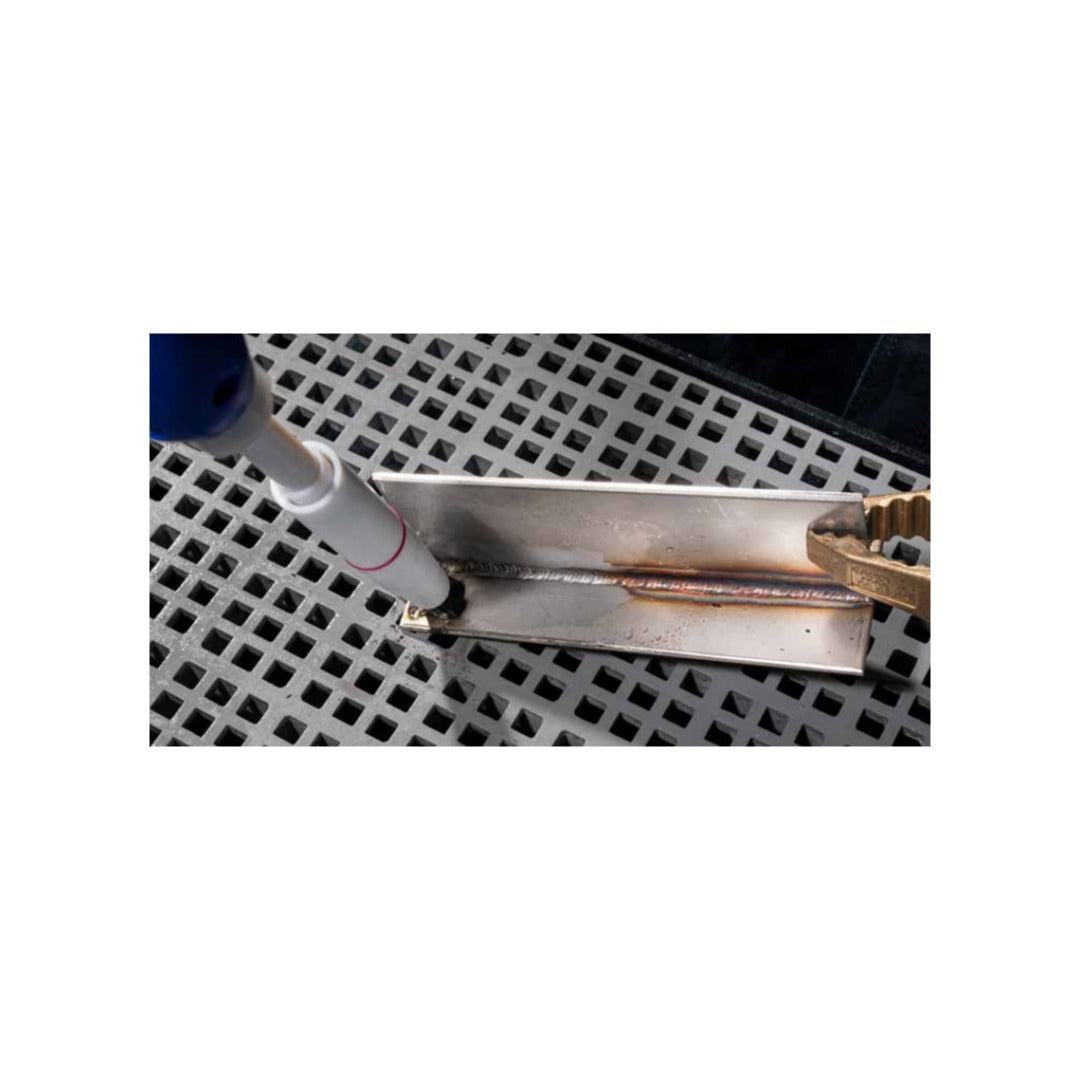 ABICLEANER brush removing heat tint from a stainless steel TIG weld, cleaned and uncleaned sections side by side