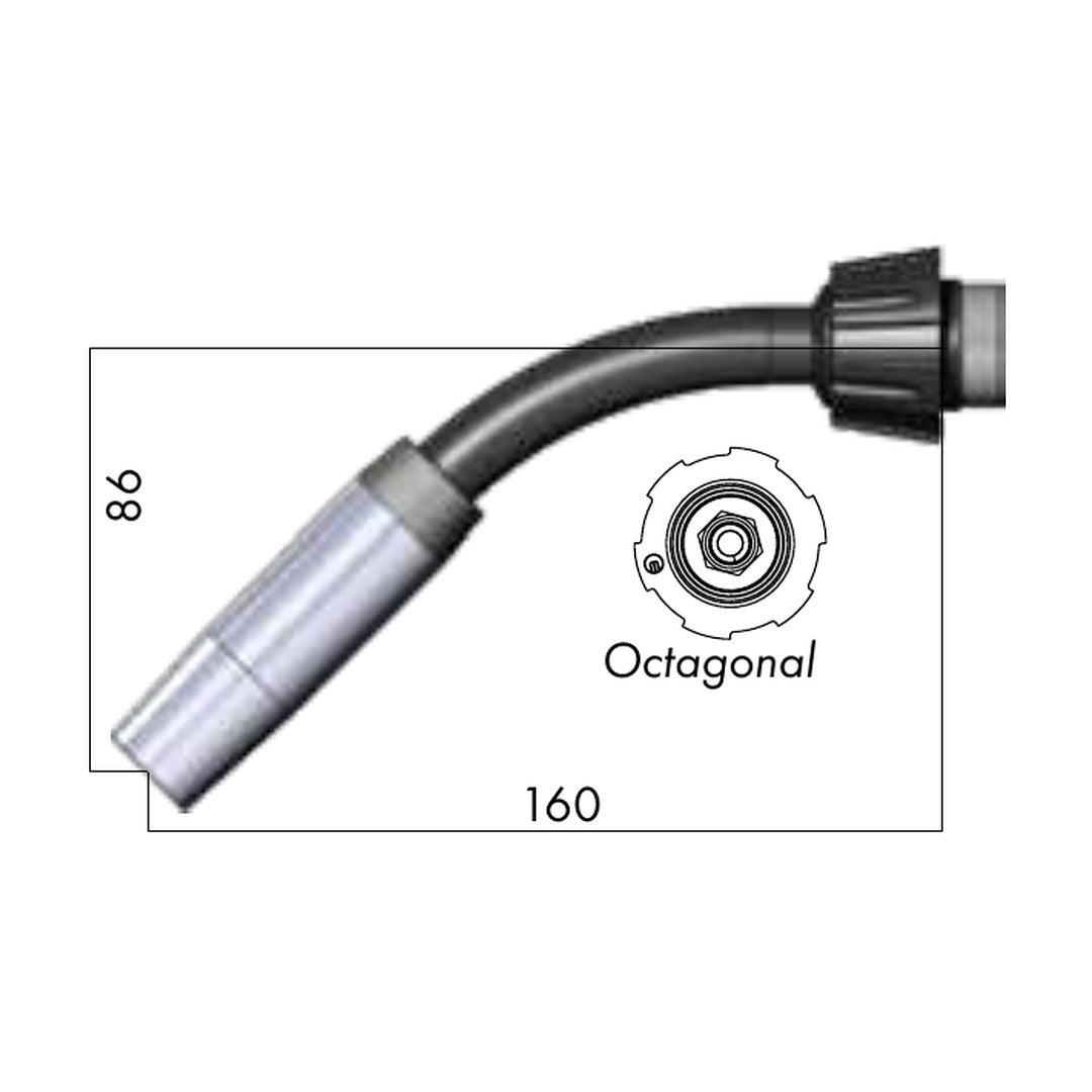 Binzel 014.H534 45° short gooseneck drawing, for ABIMIG AT 355 MIG welding torch