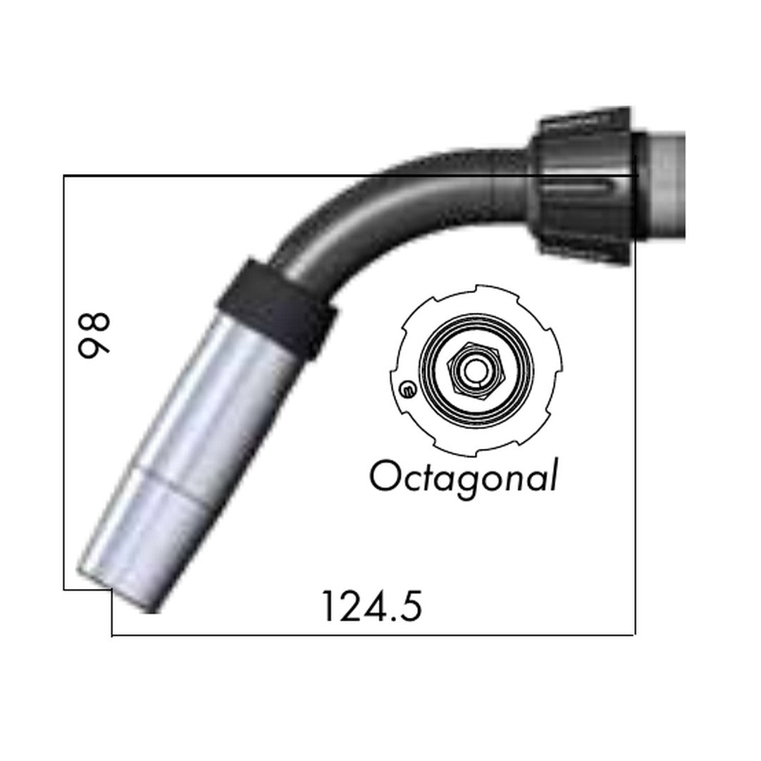 Binzel 016.D435 60° short gooseneck drawing, for ABIMIG AT 415 MIG welding torch